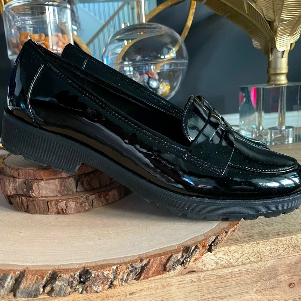 Anne Klein Patent Leather Lug sole Black Penny Loafer